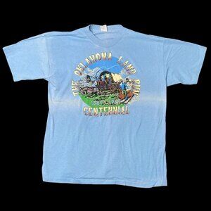Vintage 1989 Oklahoma Land Run XL Centennial T Shirt Raised Lettering Blue USA